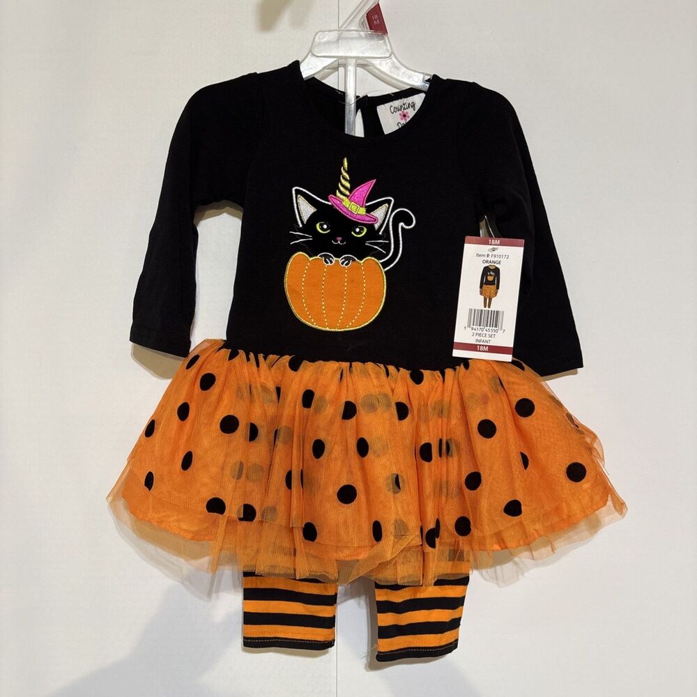 Girls Halloween Infant Cat Pumpkin Poka dot Tutu 2 Pc. Set 18M NWT Counting Dais